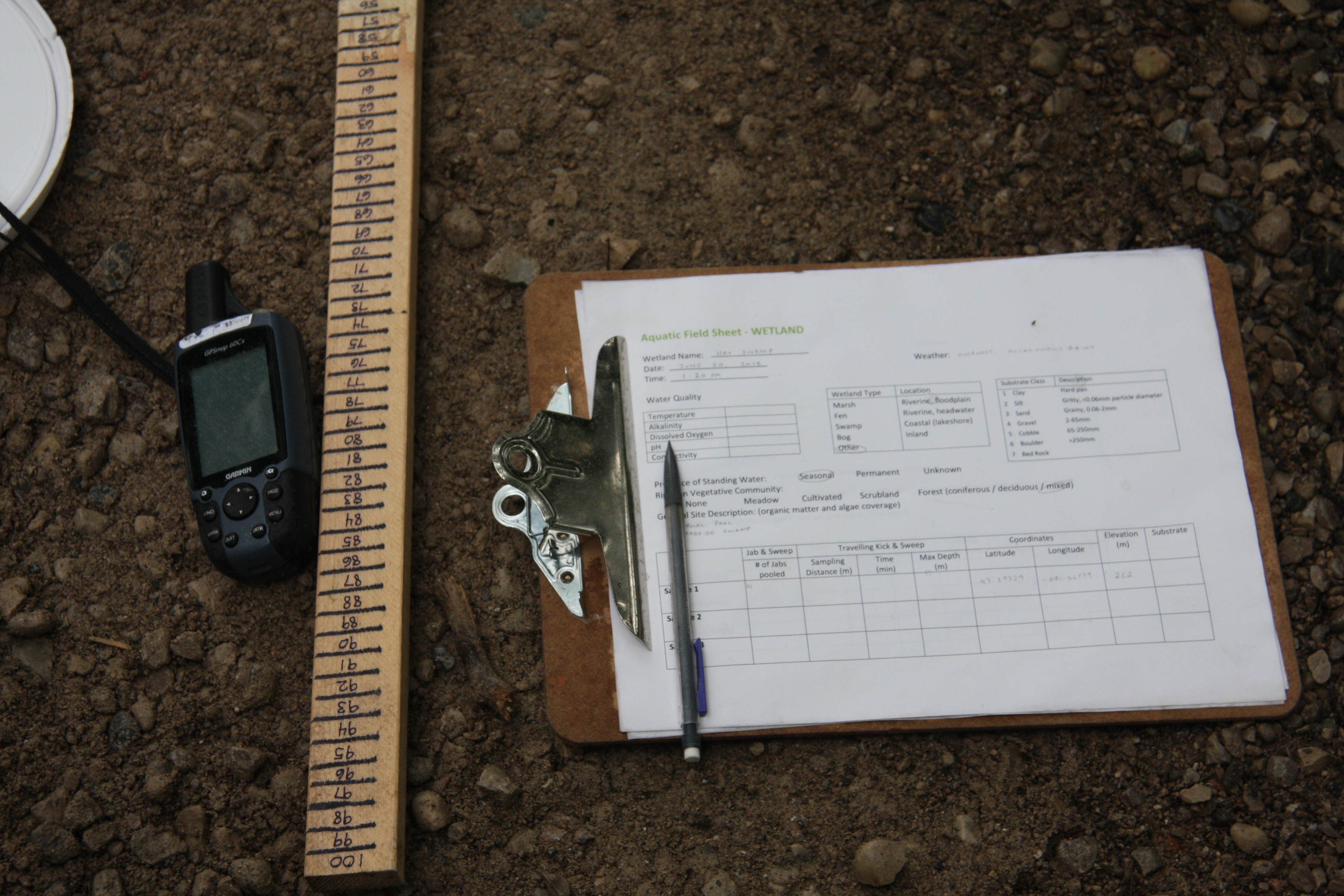 The paper we record our data on (field sheet), GPS unit and meter stick